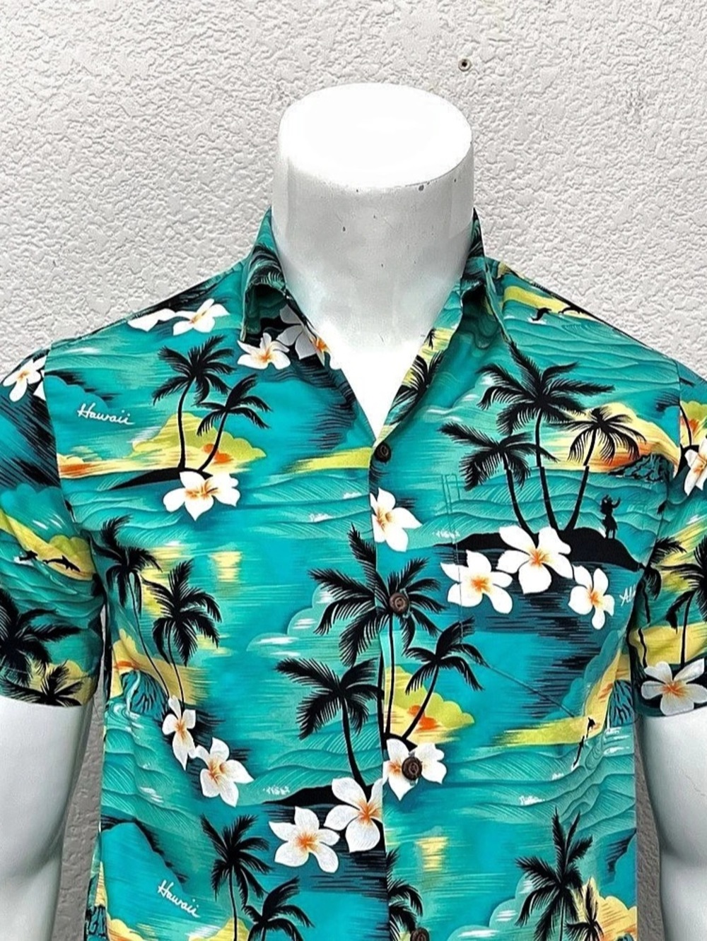 Vtg Winnie Fashionmen S Aloha Shirt Turquoise Tropical Island Made Hawaii hibisc